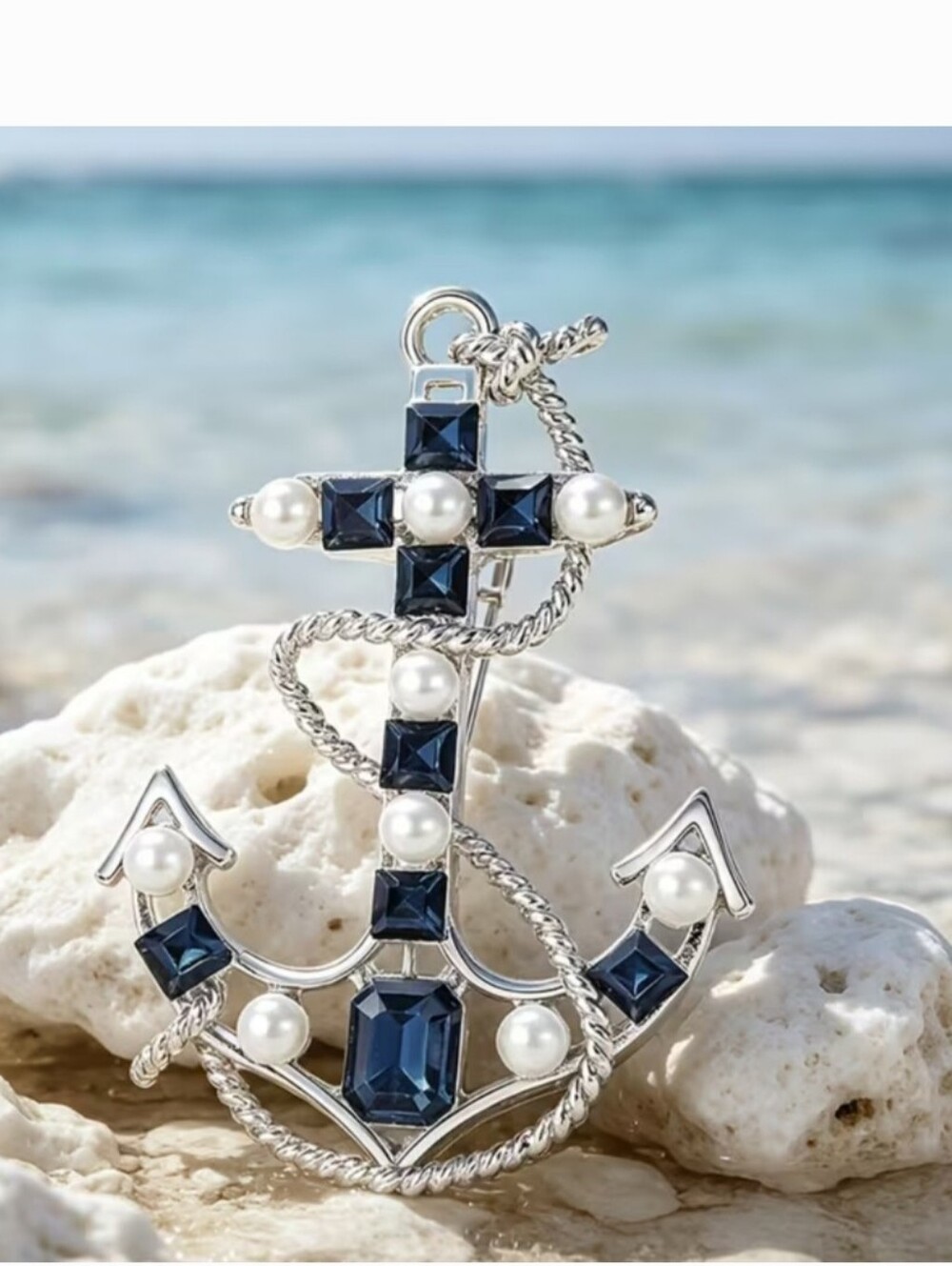 🌺Nautical Anchor Maritime Brooch With Navy Blue Stones and Pearls Nautical Gift